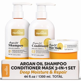 Herbishh Moroccan Argan Oil Shampoo and Conditioner Set with Hair Mask, Moisturizing & Deep Cleansing Kit For Dry, Damaged, Frizzy Hair, Color Safe & UV Protection 16.9fl.oz   16.9fl.oz   10.1 fl.oz