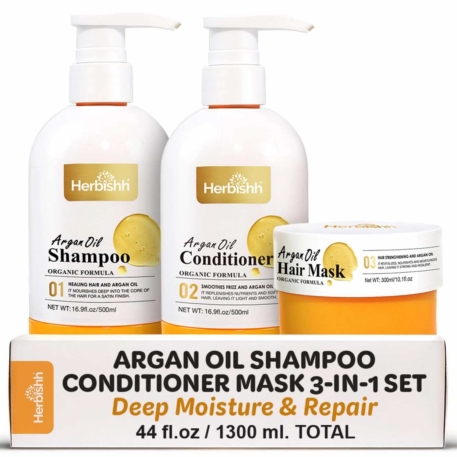 Herbishh Moroccan Argan Oil Shampoo and Conditioner Set with Hair Mask, Moisturizing & Deep Cleansing Kit For Dry, Damaged, Frizzy Hair, Color Safe & UV Protection 16.9fl.oz   16.9fl.oz   10.1 fl.oz