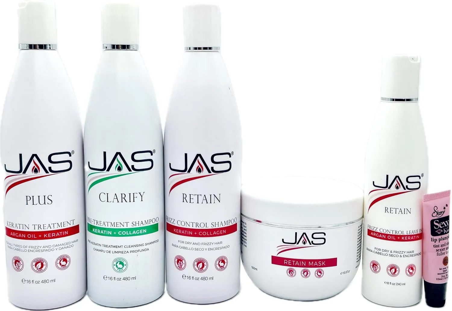JAS Plus Keratin 3 Smoothing Treatment, Clarifying Shampoo, Retain Shampoo, Retain Mask and Leave in Conditioner 8 fl oz "Free Starry Sexy Kiss Lip Plumping 10 Ml" (16 fl oz /480 ml)