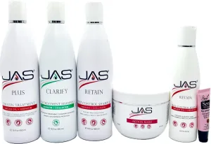JAS Plus Keratin 3 Smoothing Treatment, Clarifying Shampoo, Retain Shampoo, Retain Mask and Leave in Conditioner 8 fl oz "Free Starry Sexy Kiss Lip Plumping 10 Ml" (16 fl oz /480 ml)