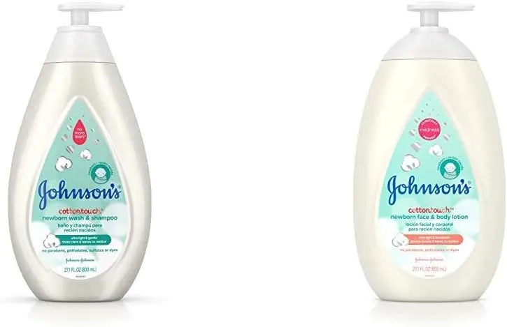 Johnson's CottonTouch Newborn Baby Wash & Shampoo with No More Tears, Hypoallergenic, 27.1 fl. oz with CottonTouch Newborn Baby Face and Body Lotion, 27.1 fl. oz