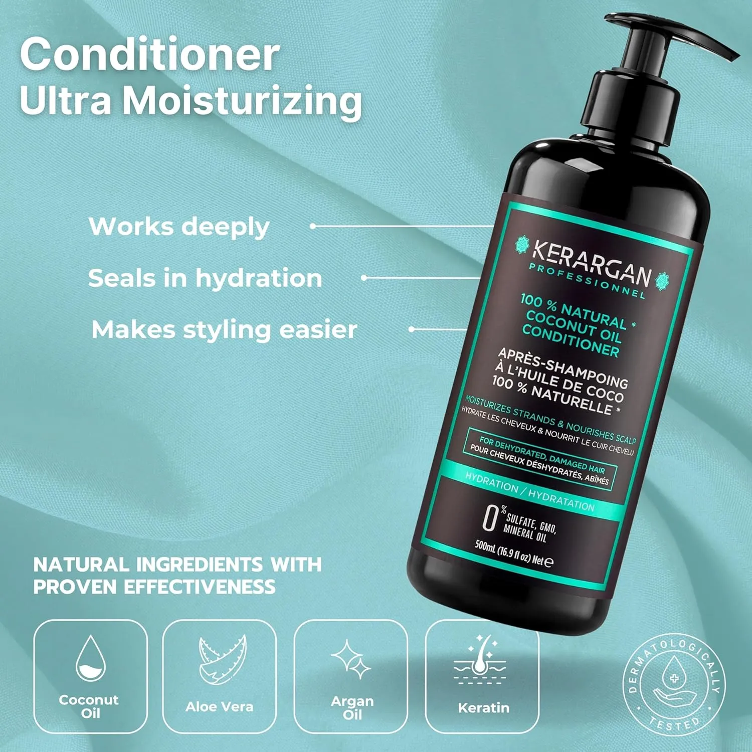 Kerargan - Moisturizing Shampoo & Conditioner Duo with Coconut Oil for Dry and Damaged Hair - Nourishes Scalp - Free of Sulfates, GMOs, Silicones, Mineral Oils - 2x16.9 Fl oz