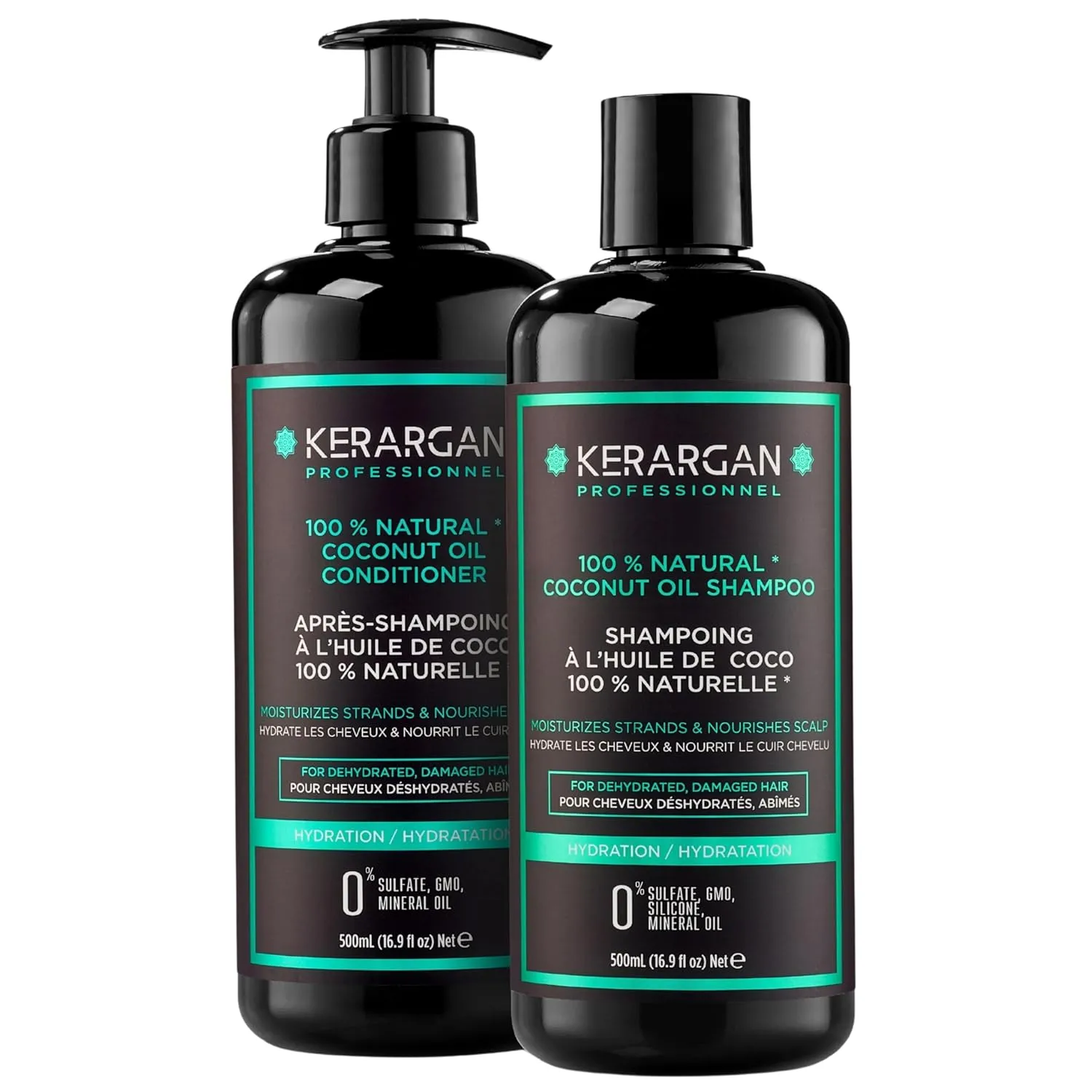 Kerargan - Moisturizing Shampoo & Conditioner Duo with Coconut Oil for Dry and Damaged Hair - Nourishes Scalp - Free of Sulfates, GMOs, Silicones, Mineral Oils - 2x16.9 Fl oz