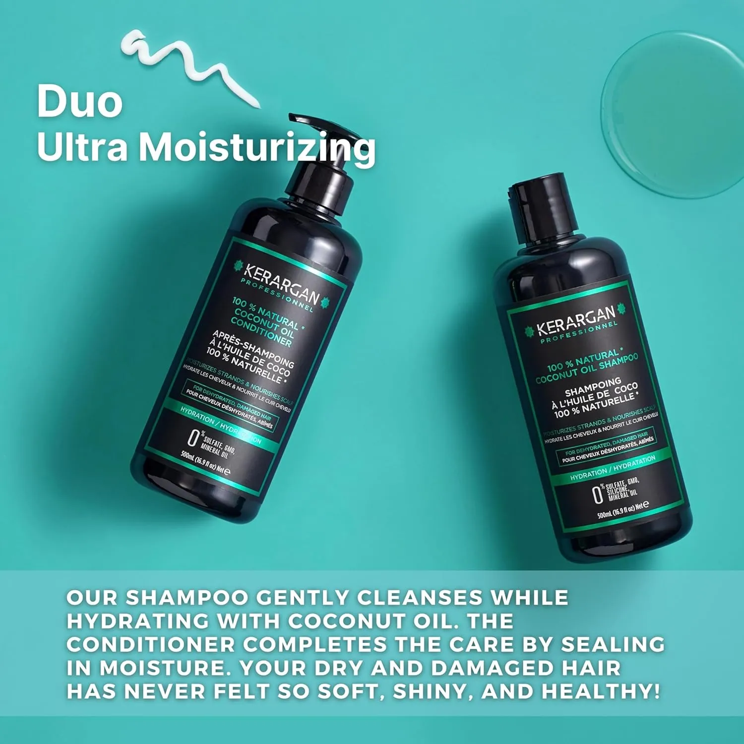 Kerargan - Moisturizing Shampoo & Conditioner Duo with Coconut Oil for Dry and Damaged Hair - Nourishes Scalp - Free of Sulfates, GMOs, Silicones, Mineral Oils - 2x16.9 Fl oz