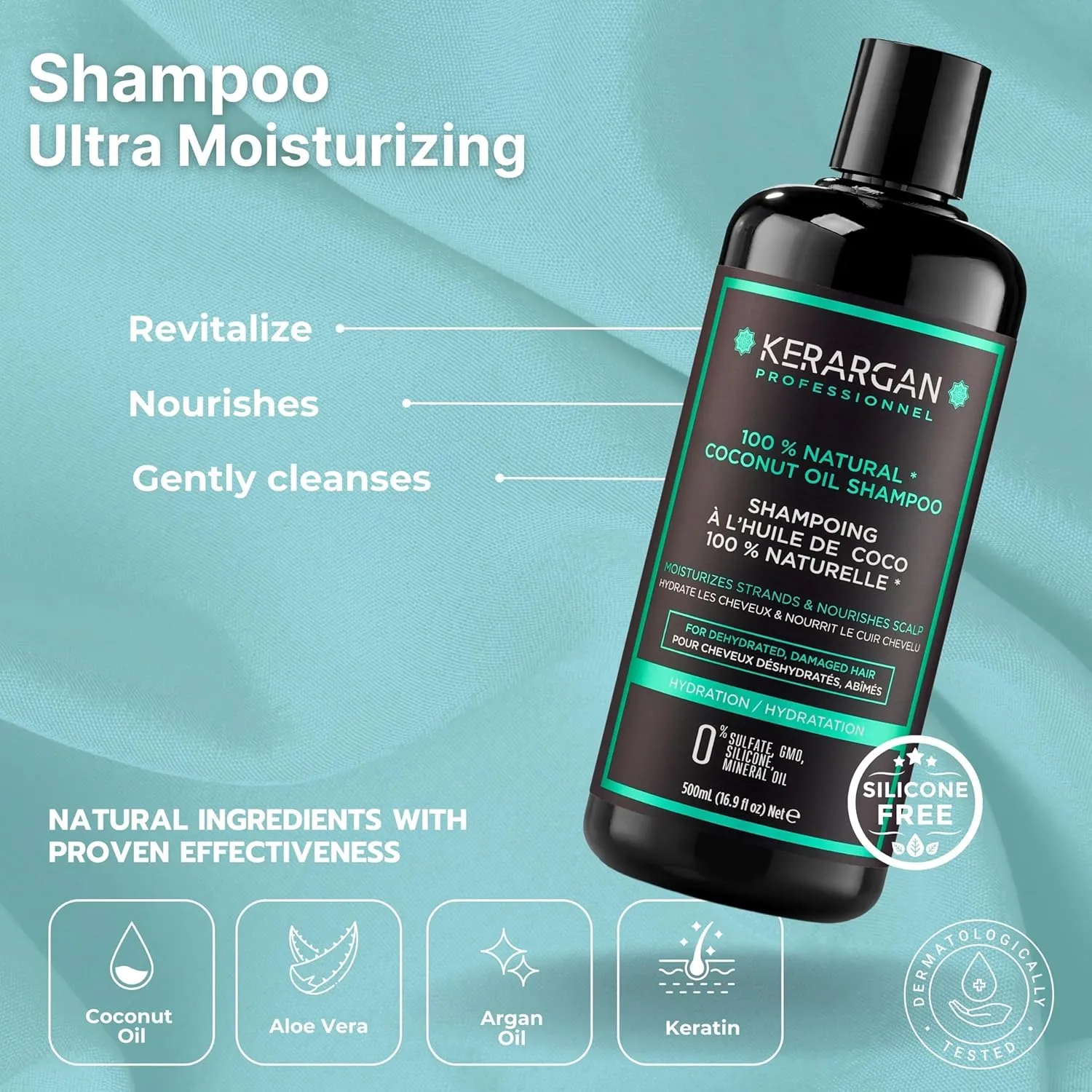 Kerargan - Moisturizing Shampoo & Conditioner Duo with Coconut Oil for Dry and Damaged Hair - Nourishes Scalp - Free of Sulfates, GMOs, Silicones, Mineral Oils - 2x16.9 Fl oz