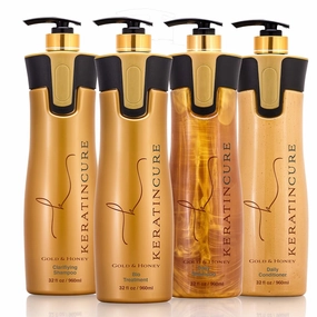 Keratin Cure Best Treatment Gold and Honey Bio Protein Silky Soft Complex with Argan Oil Nourishing Straightening Damaged Dry Frizzy Coarse Kit (32 oz Kit)