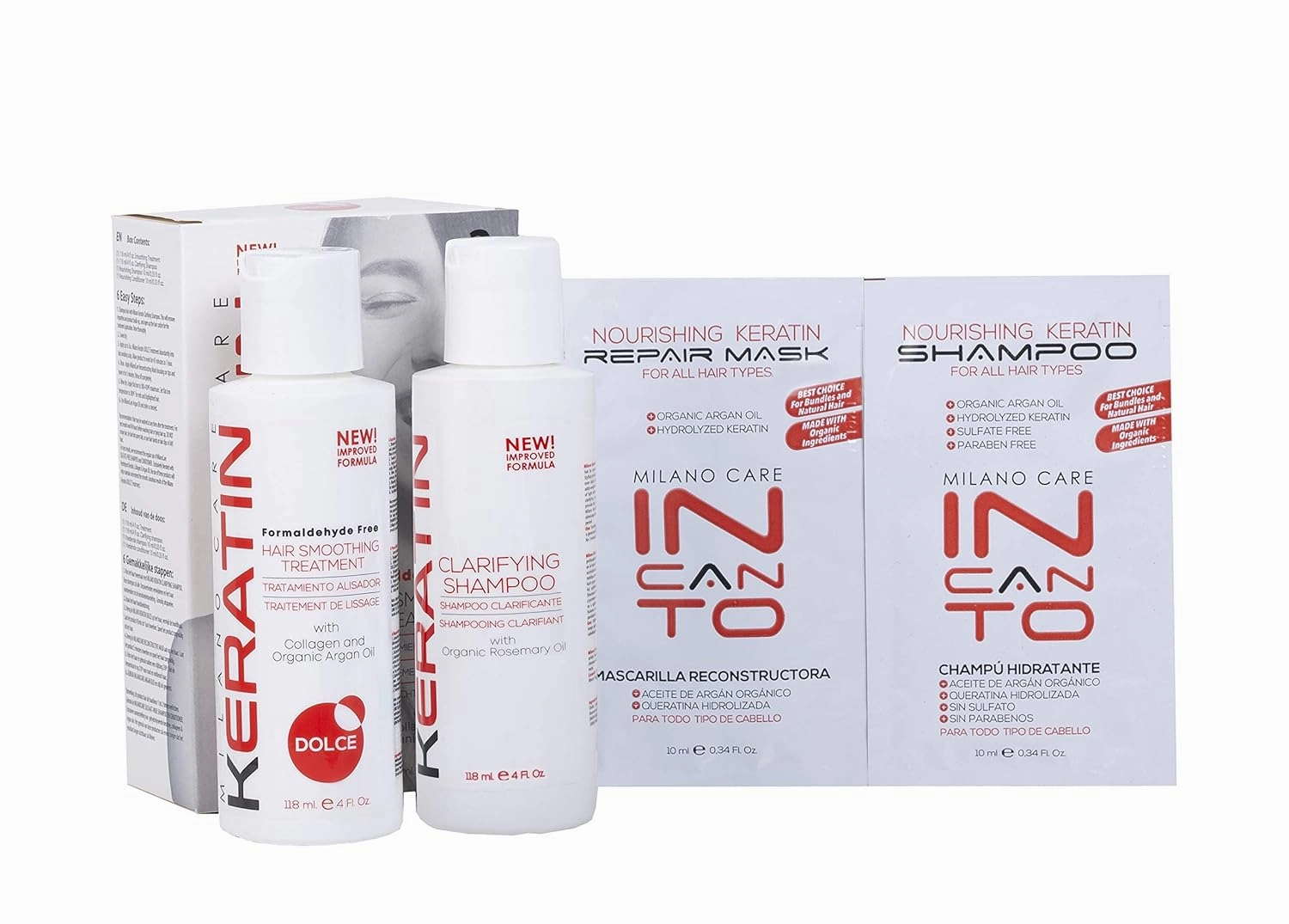 Keratin Hair Smoothing Treatment - Professional Salon System with Clarifying Shampoo, Dolce 4 fl oz
