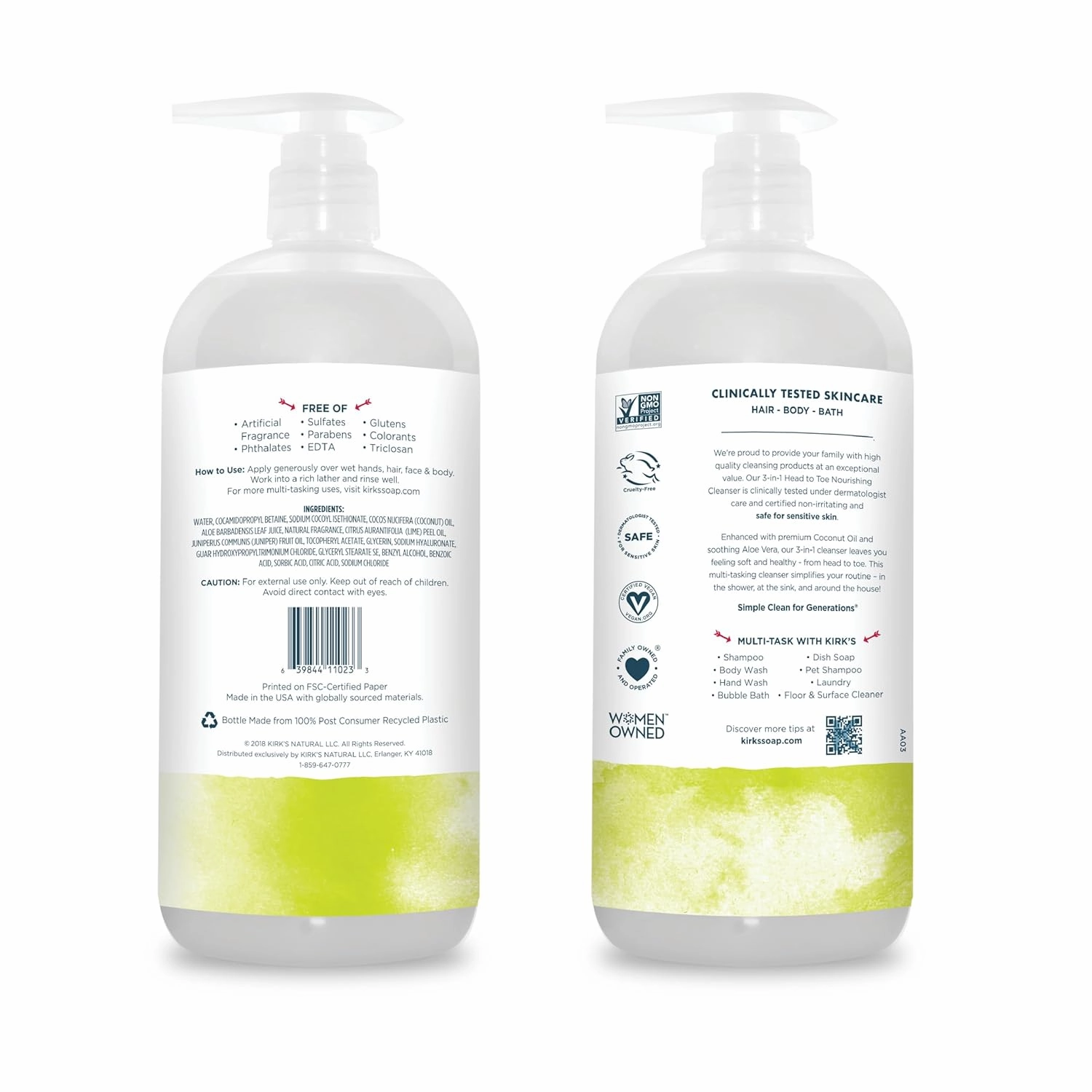 Kirk's 3-in-1 Head to Toe Nourishing Liquid Cleanser- for Men, Women & Children - Premium Coconut Oil & Aloe Vera- Non GMO & Vegan -Juniper & Lime - 32 Fl Oz 2 Pack