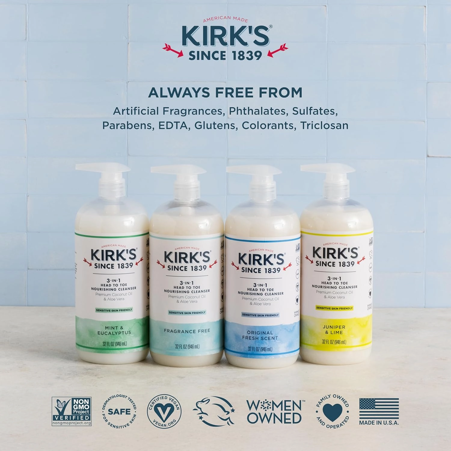 Kirk's 3-in-1 Head to Toe Nourishing Liquid Cleanser- for Men, Women & Children - Premium Coconut Oil & Aloe Vera- Non GMO & Vegan -Juniper & Lime - 32 Fl Oz 2 Pack