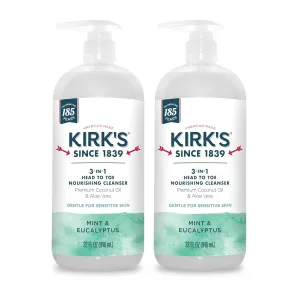 Kirk's 3-in-1 Head to Toe Nourishing Liquid Cleanser - for Men, Women, & Children - Premium Coconut Oil & Aloe Vera - Non GMO & Vegan - Mint and Eucalyptus - 32 Fl Oz. 2 pack