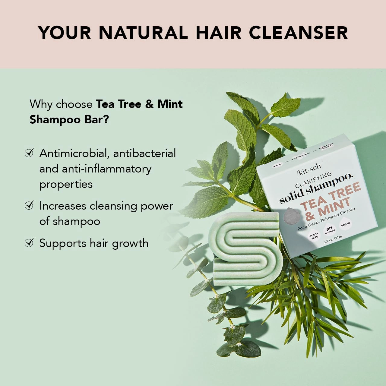 Kitsch Tea Tree & Mint Anti-Dandruff Shampoo Bar - Vegan, Natural, Paraben & Sulfate Free | For Itchy Scalp & All Hair Types | Made in US, 3.2oz