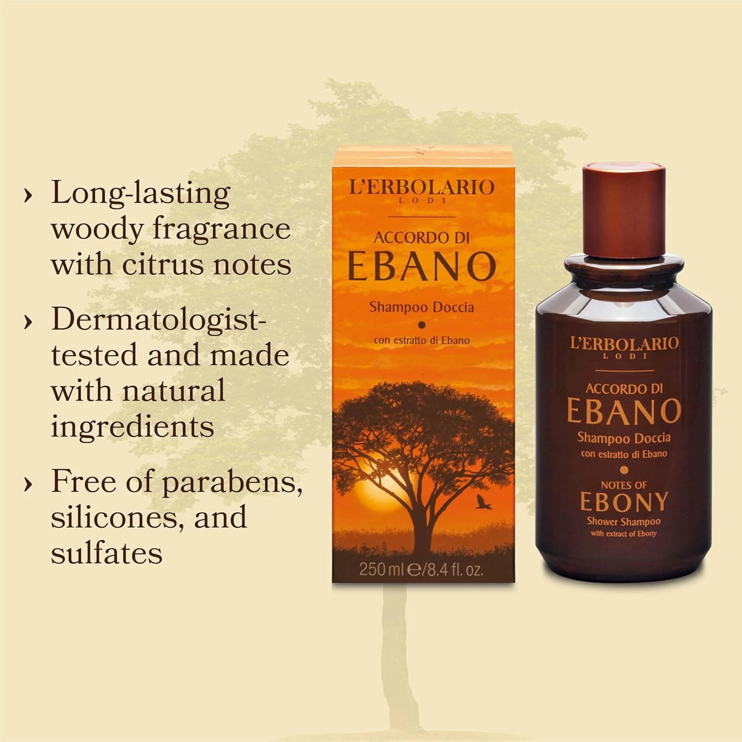 L'Erbolario Shower Shampoo - Moisturizing Body Wash and Clarifying Shampoo – Hair and Body Soap with Citrus and Woody Scent - Notes of Ebony - 8.4 oz