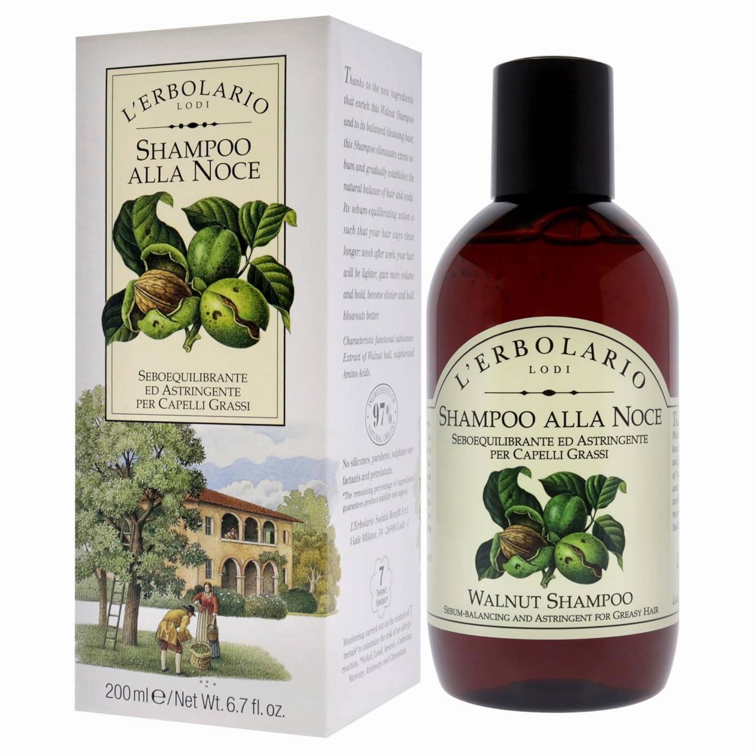 L'Erbolario Walnut Shampoo - Clarifying Shampoo for Men and Women - Astringent for Oily Hair and Scalp - Cleanses, Adds Volume and Shine - 6.7 oz
