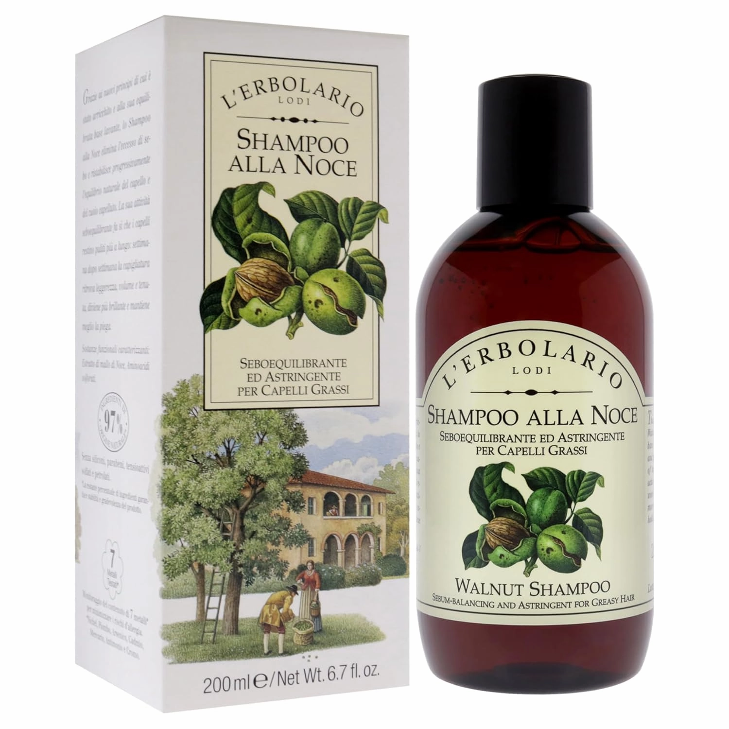 L'Erbolario Walnut Shampoo - Clarifying Shampoo for Men and Women - Astringent for Oily Hair and Scalp - Cleanses, Adds Volume and Shine - 6.7 oz