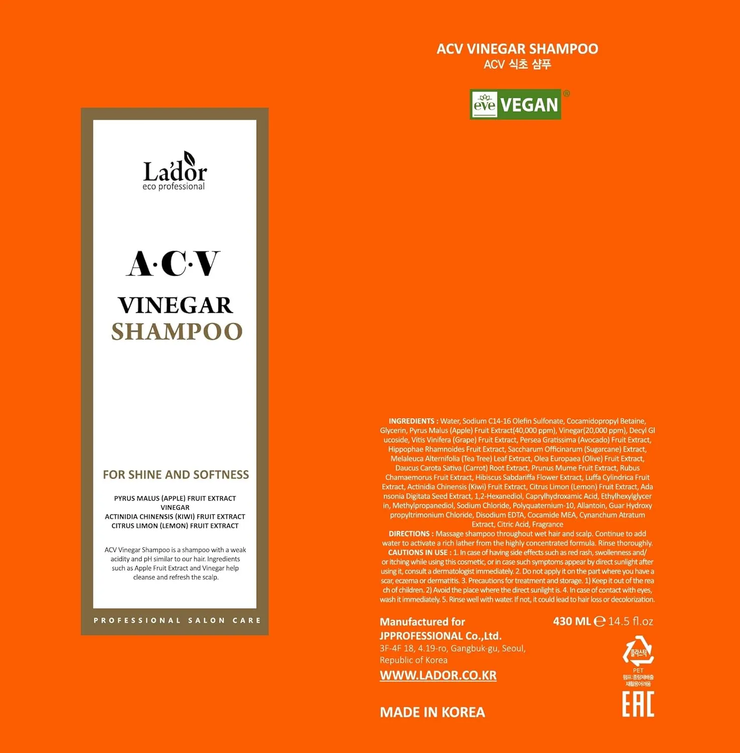 LA'DOR Apple Cider Vinegar Clarifying Shampoo w/Tea Tree Sub-Acidic pH-balanced - Glossy Shine Refreshing for Greasy Dandruff Oily Scalp Hair Free of Silicone Paraben Sulfate 14.5 Fl Oz LADOR Korean
