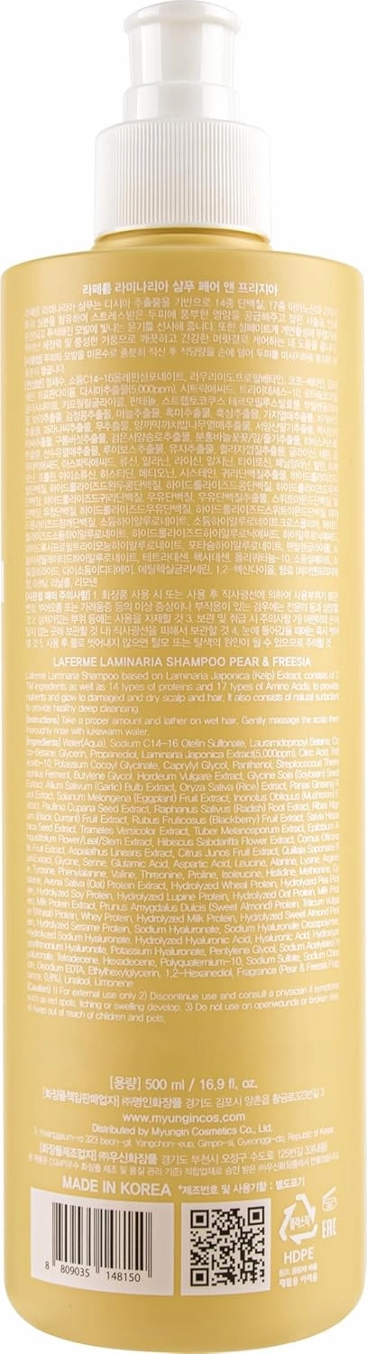 Laminaria Shampoo with Organic Ingredient, Korean Clarifying Shampoo, Hydrating for Dry Hair, Strengthening for Weak Hair, Sulfate & Paraben-Free, for Women & Men,16.9 FL. OZ, Pear & Freesia