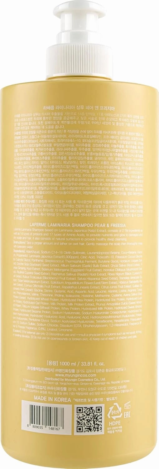 Laminaria Shampoo with Organic Ingredient, Korean Clarifying Shampoo, Hydrating for Dry Hair, Strengthening for Weak Hair, Sulfate & Paraben-Free, for Women & Men, 33.8 FL OZ, Pear & Freesia