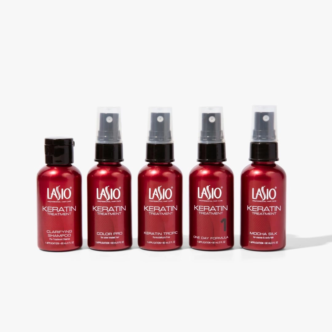Lasio Pro Keratin Hair Treatment Kit for Salon Use– Includes Keratin Tropic, One Day, Mocha Silk, Color Pro & Hypersilk Clarifying Shampoo (2 Oz Each – Reduces Curls, Eliminates Frizz, Repairs & Shine