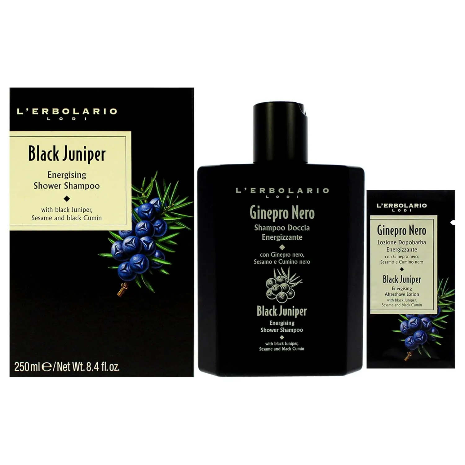 L'Erbolario Energizing Shower Shampoo Black Juniper - Moisturizing 2-in-1 Body Wash and Clarifying Shampoo - Purifying with Black Cumin - 8.4 oz
