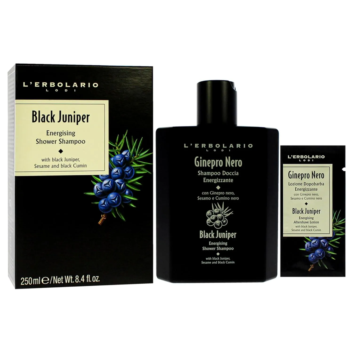 L'Erbolario Energizing Shower Shampoo Black Juniper - Moisturizing 2-in-1 Body Wash and Clarifying Shampoo - Purifying with Black Cumin - 8.4 oz