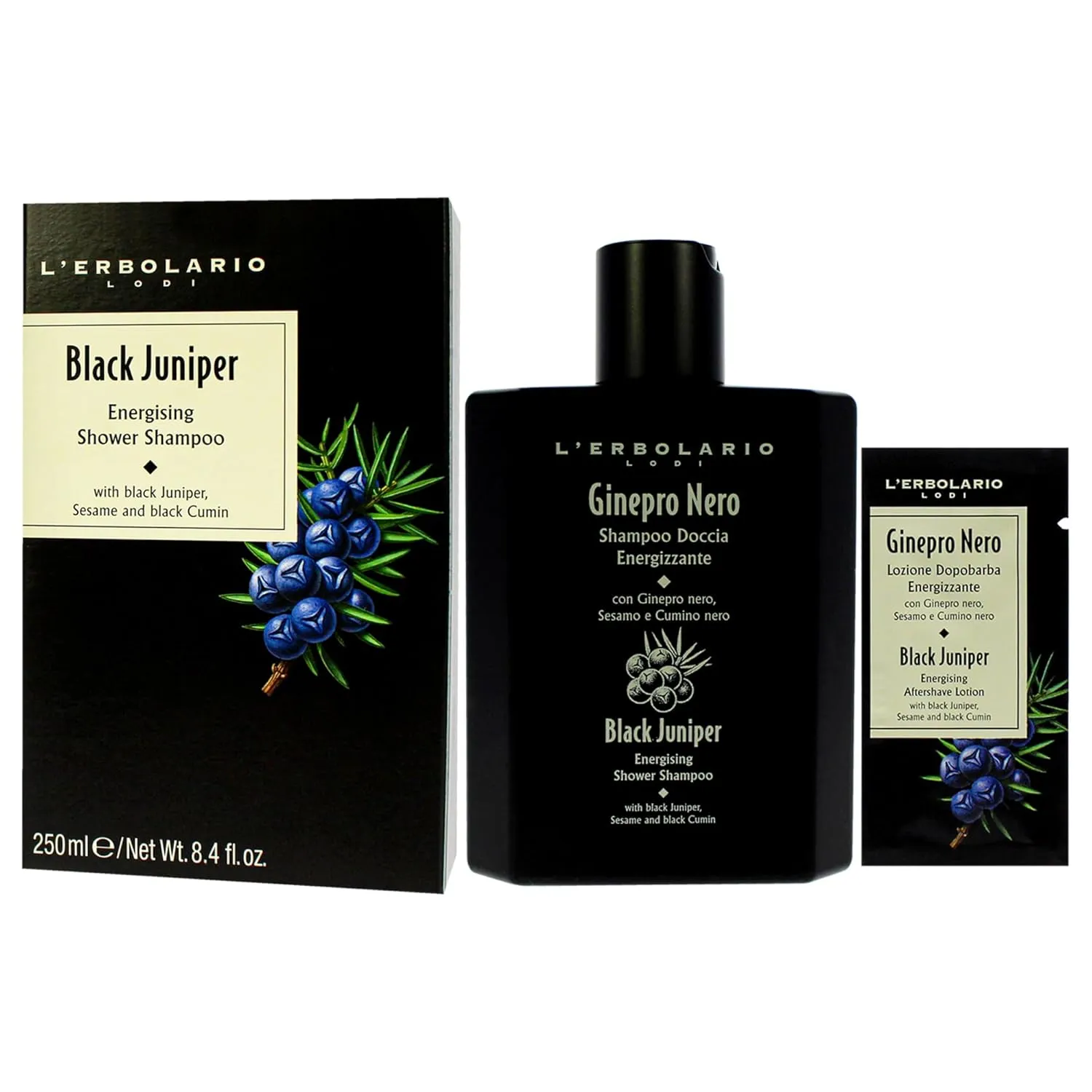 L'Erbolario Energizing Shower Shampoo Black Juniper - Moisturizing 2-in-1 Body Wash and Clarifying Shampoo - Purifying with Black Cumin - 8.4 oz