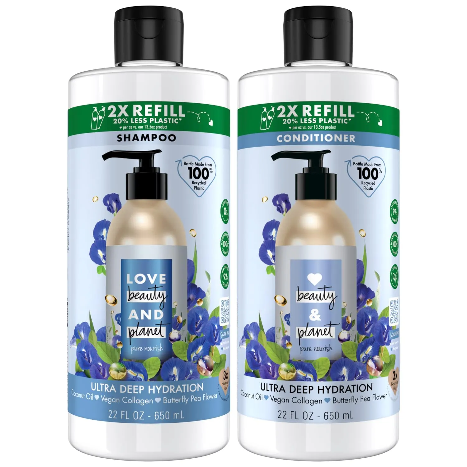 Love Beauty And Planet Shampoo and Conditioner, Coconut Oil & Vegan Collagen, Ultra Deep Hydration - Sulfate-Free Shampoo and Conditioner for Damaged, Dry Hair, Scented, Refill, (2 Piece Set)