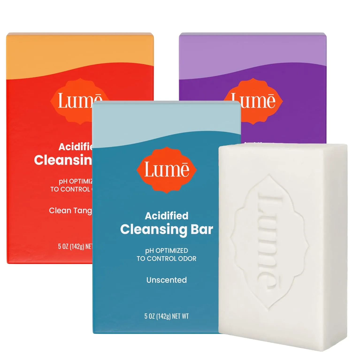 Lume Acidified Body Cleansing Bar - 24 Hour Odor Control - Removes Odor Better Than Soap - Moisturizing - No SLS or Parabens - OB/GYN Developed - 8.5 Ounce, 3 Pack (Tangerine, Lavender, & Unscented)