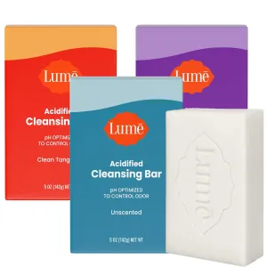 Lume Acidified Body Cleansing Bar - 24 Hour Odor Control - Removes Odor Better Than Soap - Moisturizing - No SLS or Parabens - OB/GYN Developed - 8.5 Ounce, 3 Pack (Tangerine, Lavender, & Unscented)