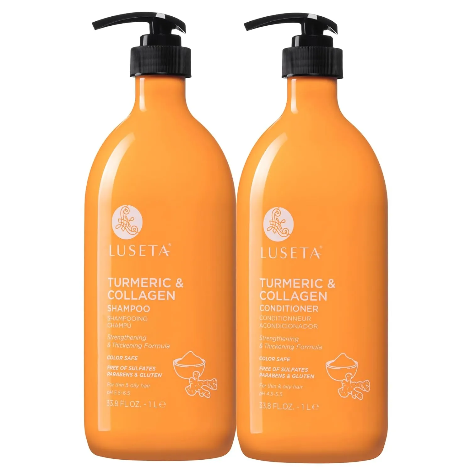 Luseta Shampoo and Conditioner Set with Turmeric & Collagen, Hair Volumizing Shampoo for Thin or Oil Hair, Sulfate and Parabens Free 2x33.8Oz