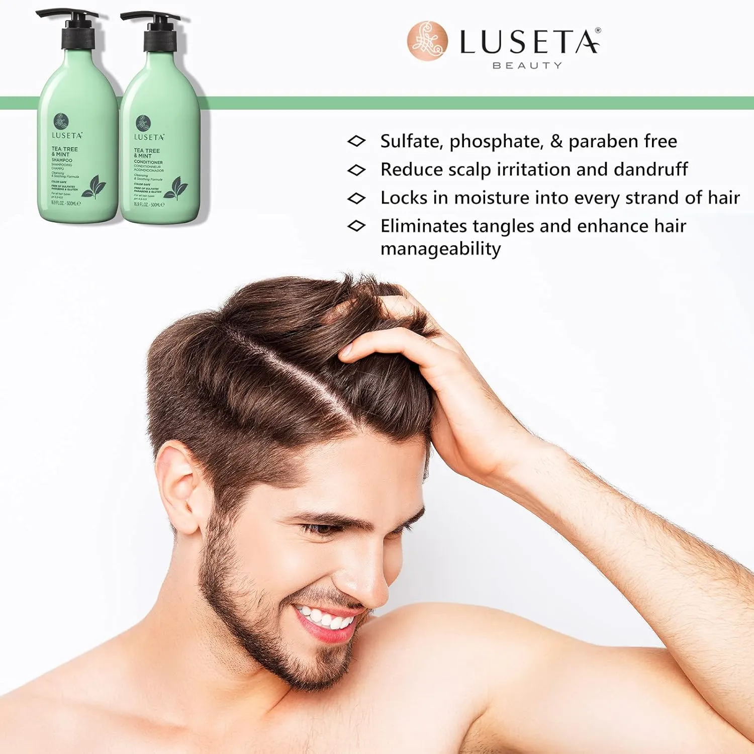 Luseta Tea Tree & Mint Shampoo Cleansing and Soothing for All Hair Types Nourishing & Invigorating Scalp Fights Dandruff 16.9 Oz