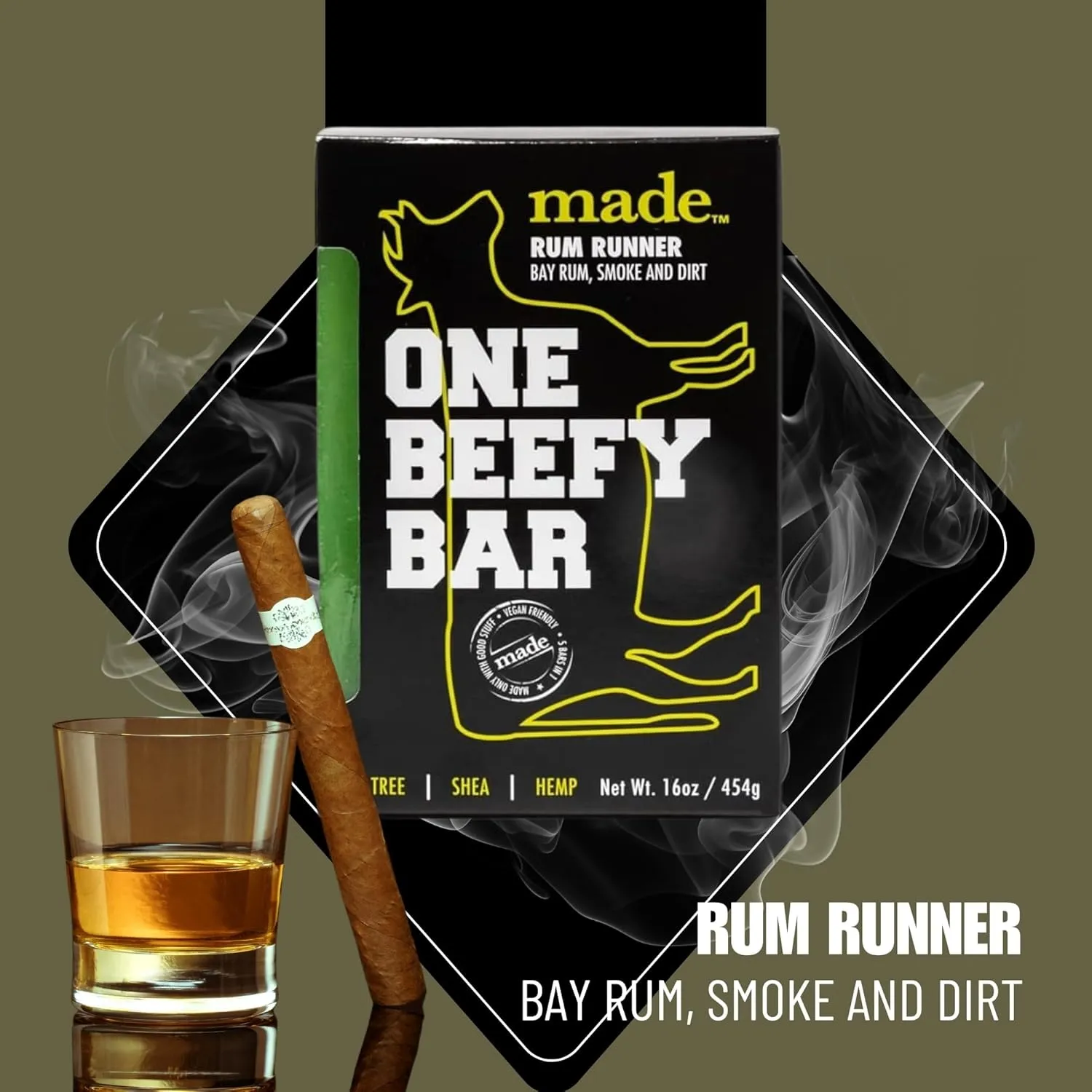 made One Beefy Bar | Rum Runner | Shampoo, Body Wash & Shaving Soap | Bay Rum & Smoked Earth Scent | Breakaway Brick Design | Moisturizing with Coconut Oil, Shea Butter & Aloe Vera | 16 oz