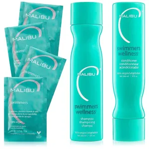 Malibu C Swimmers Wellness Collection - Swimmers Shampoo and Conditioner Set   Hair Mask Packets - Moisturizing, Shine Restoring Hair Care Kit - Protects Hair Discoloration from Pool Elements (6 Ct)