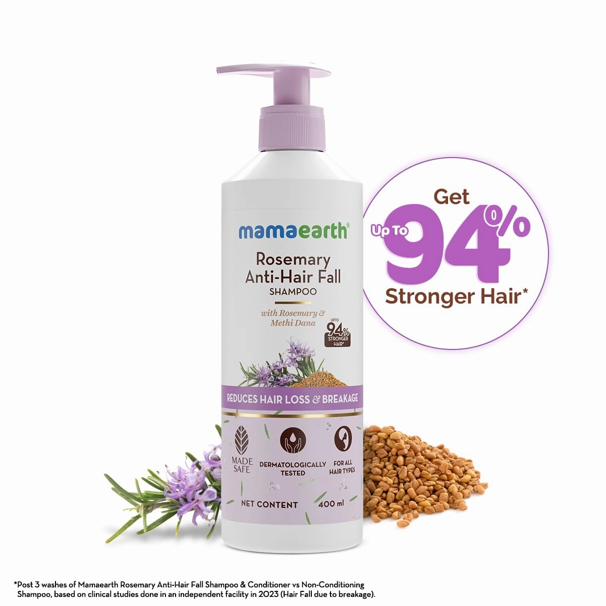 MAMAEARTH Rosemary Anti-Hair Fall Shampoo with Methi Dana | Controls Hair Loss & Breakage | Build Up Clarifying & Hydrating Formula | 13.52 Fl Oz/400ml