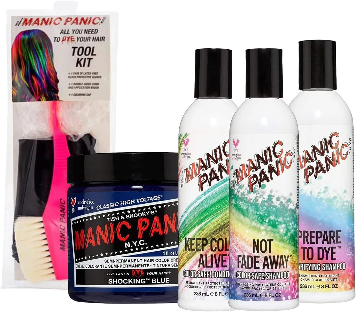 MANIC PANIC Shocking Blue Hair Dye Bundle with Prepare to Dye Clarifying Shampoo, Shampoo and Conditioner Set for Colored Hair and Hair Dye Tool Kit