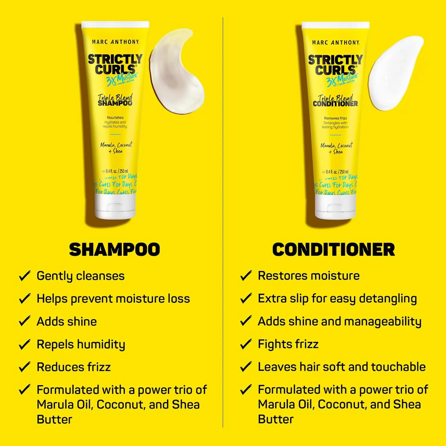 Marc Anthony Strictly Curls 3x Moisture Deep Shampoo & Conditioner for Curl Defining & Anti Frizz - Shea Butter, Marula Oil, Aloe & Coconut Oil - Sulfate Free Color Safe for Dry Damaged Curly Hair