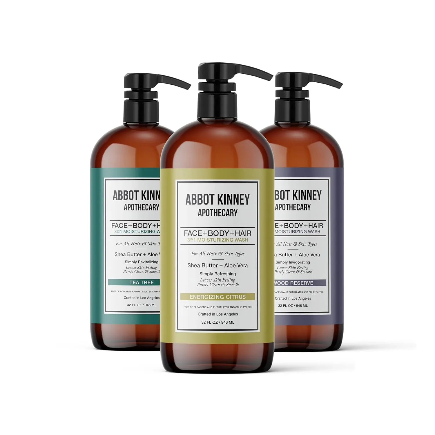 Men's 3-in-1 Wash, Moisturizing Shampoo, Conditioner, and Body Wash for Men, Suitable for All Skin and Hair Types, 32oz - Abbot Kinney Apothecary (Combo Pack, 3 Pack)