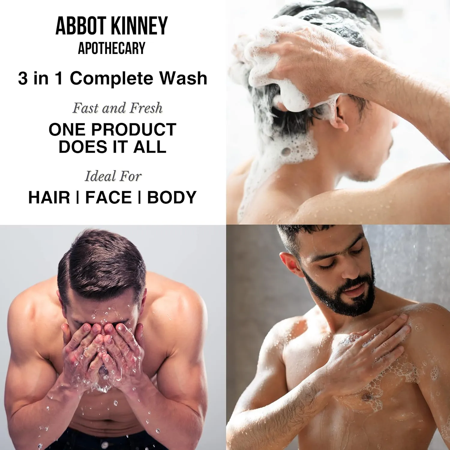 Men's 3-in-1 Wash, Moisturizing Shampoo, Conditioner, and Body Wash for Men, Suitable for All Skin and Hair Types, 32oz - Abbot Kinney Apothecary (Combo Pack, 3 Pack)