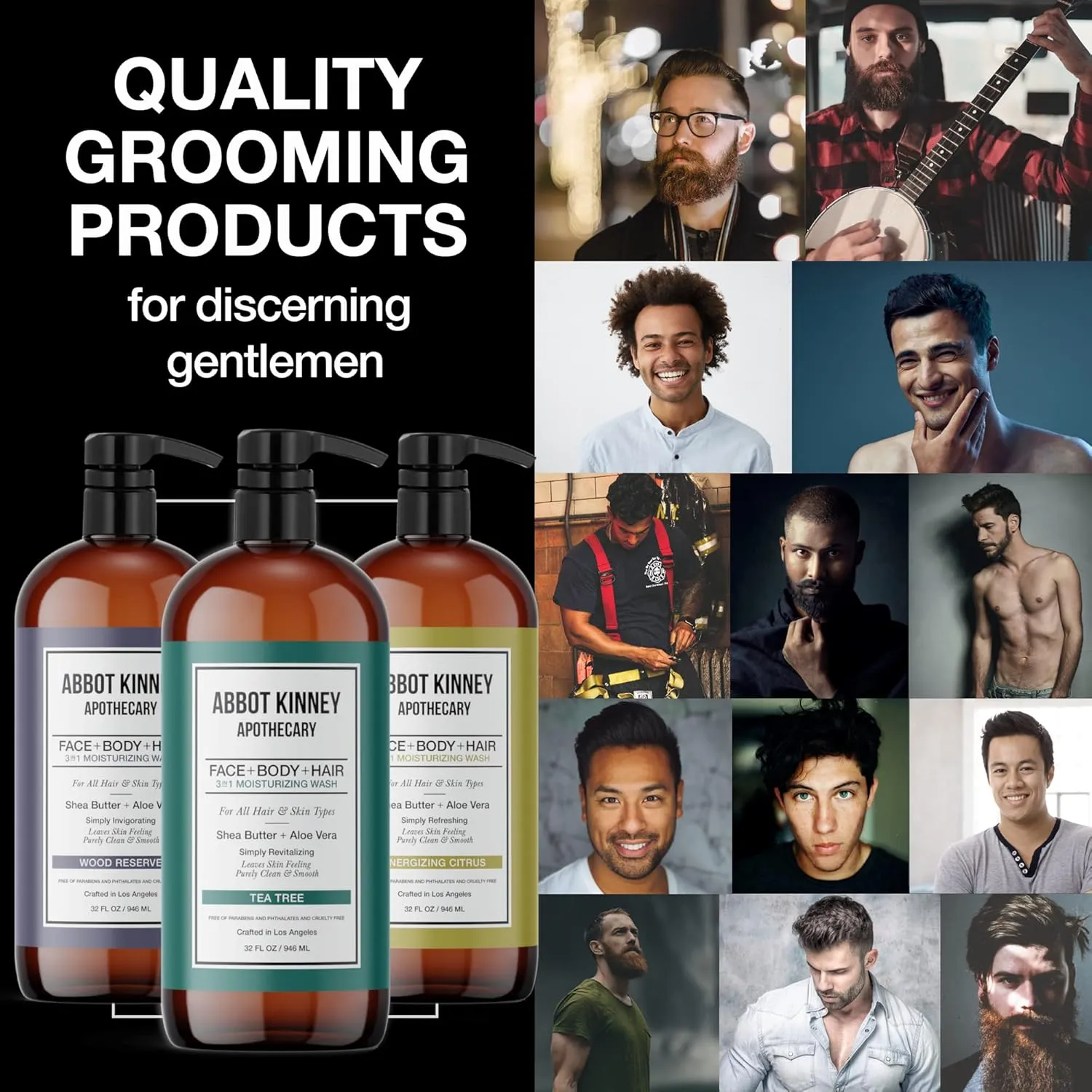 Men's 3-in-1 Wash, Moisturizing Shampoo, Conditioner, and Body Wash for Men, Suitable for All Skin and Hair Types, 32oz - Abbot Kinney Apothecary (Combo Pack, 3 Pack)