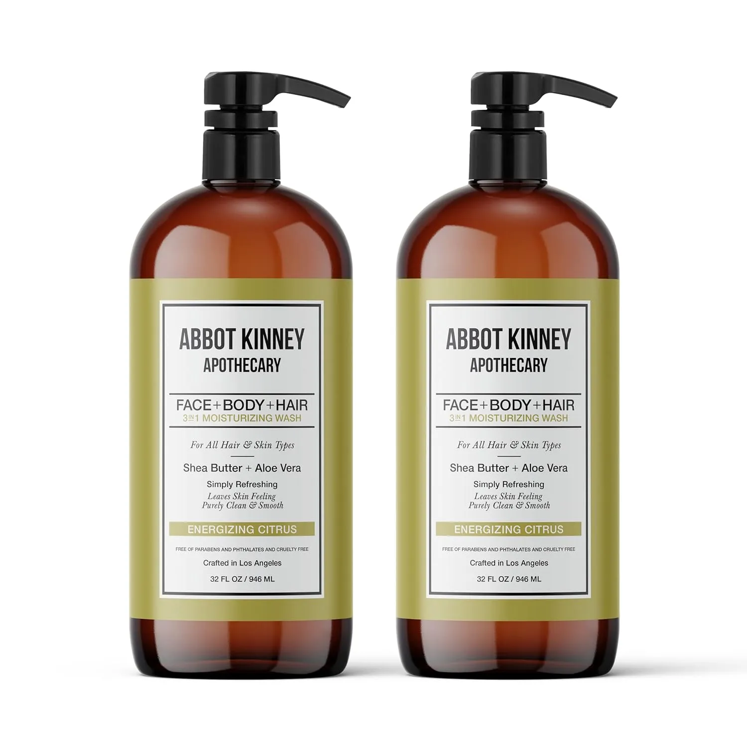 Men's 3-in-1 Wash, Moisturizing Shampoo, Conditioner, and Body Wash for Men, Suitable for All Skin and Hair Types, 32oz - Abbot Kinney Apothecary (Energizing Citrus) – 2 Pack