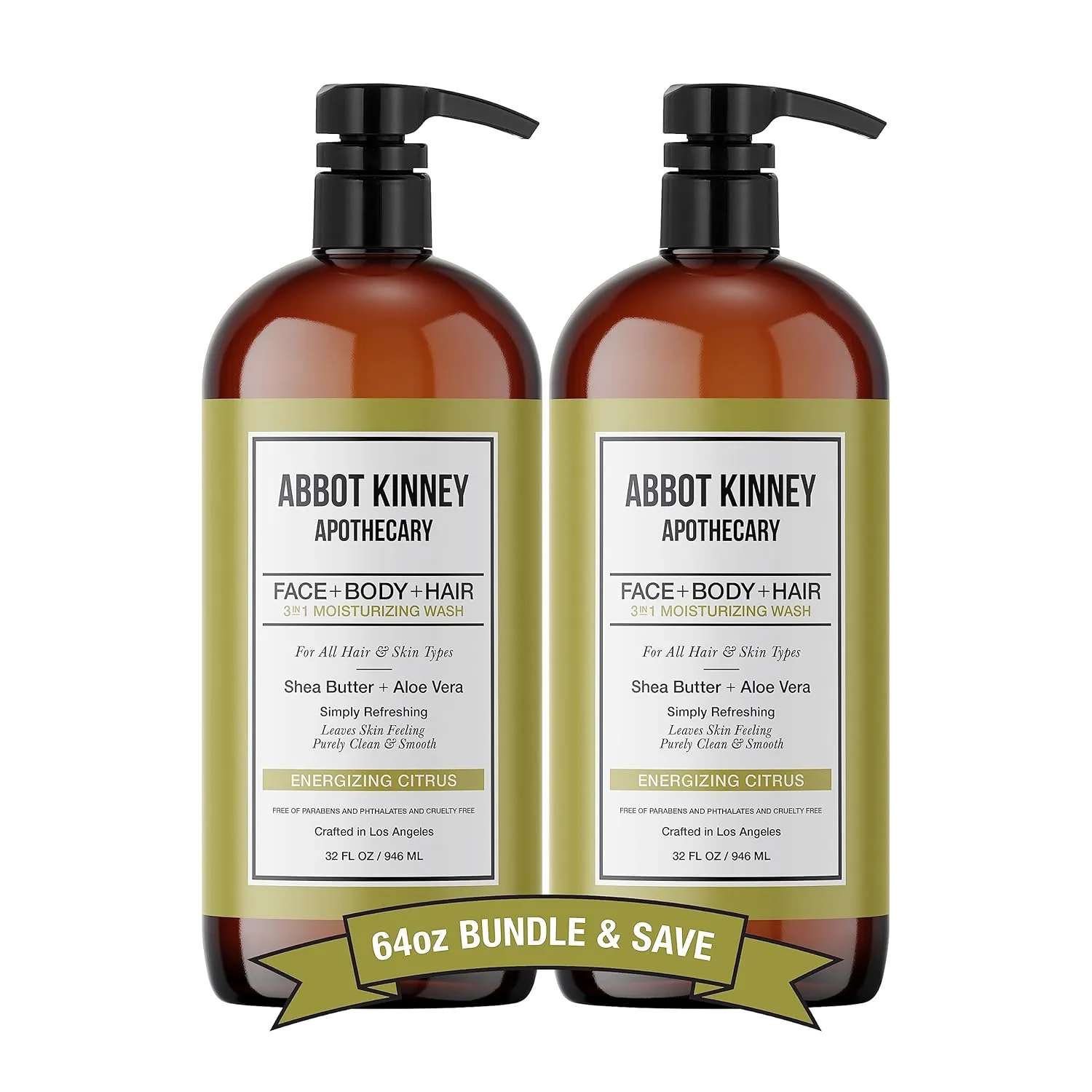 Men's 3-in-1 Wash, Moisturizing Shampoo, Conditioner, and Body Wash for Men, Suitable for All Skin and Hair Types, 32oz - Abbot Kinney Apothecary (Energizing Citrus) – 2 Pack