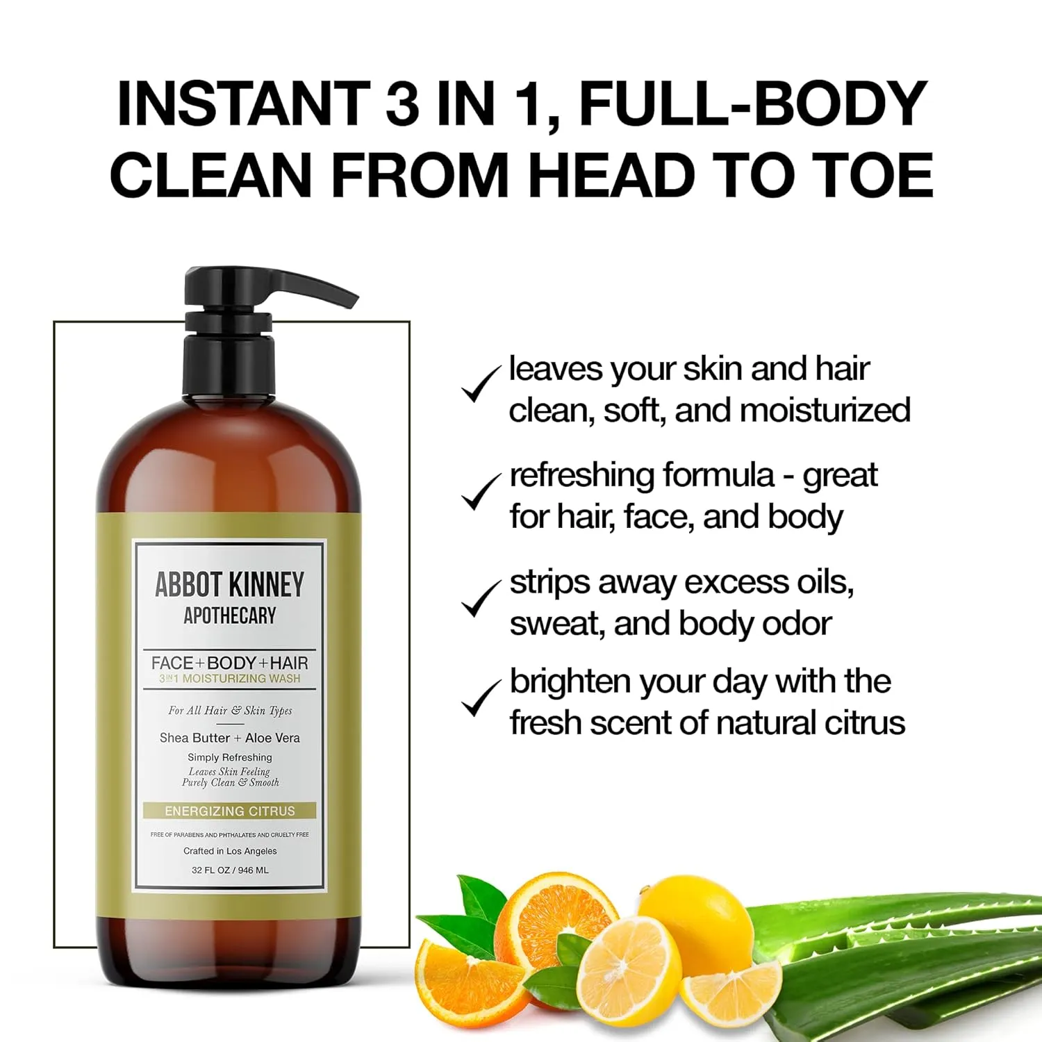 Men's 3-in-1 Wash, Moisturizing Shampoo, Conditioner, and Body Wash for Men, Suitable for All Skin and Hair Types, 32oz - Abbot Kinney Apothecary (Energizing Citrus) – 2 Pack