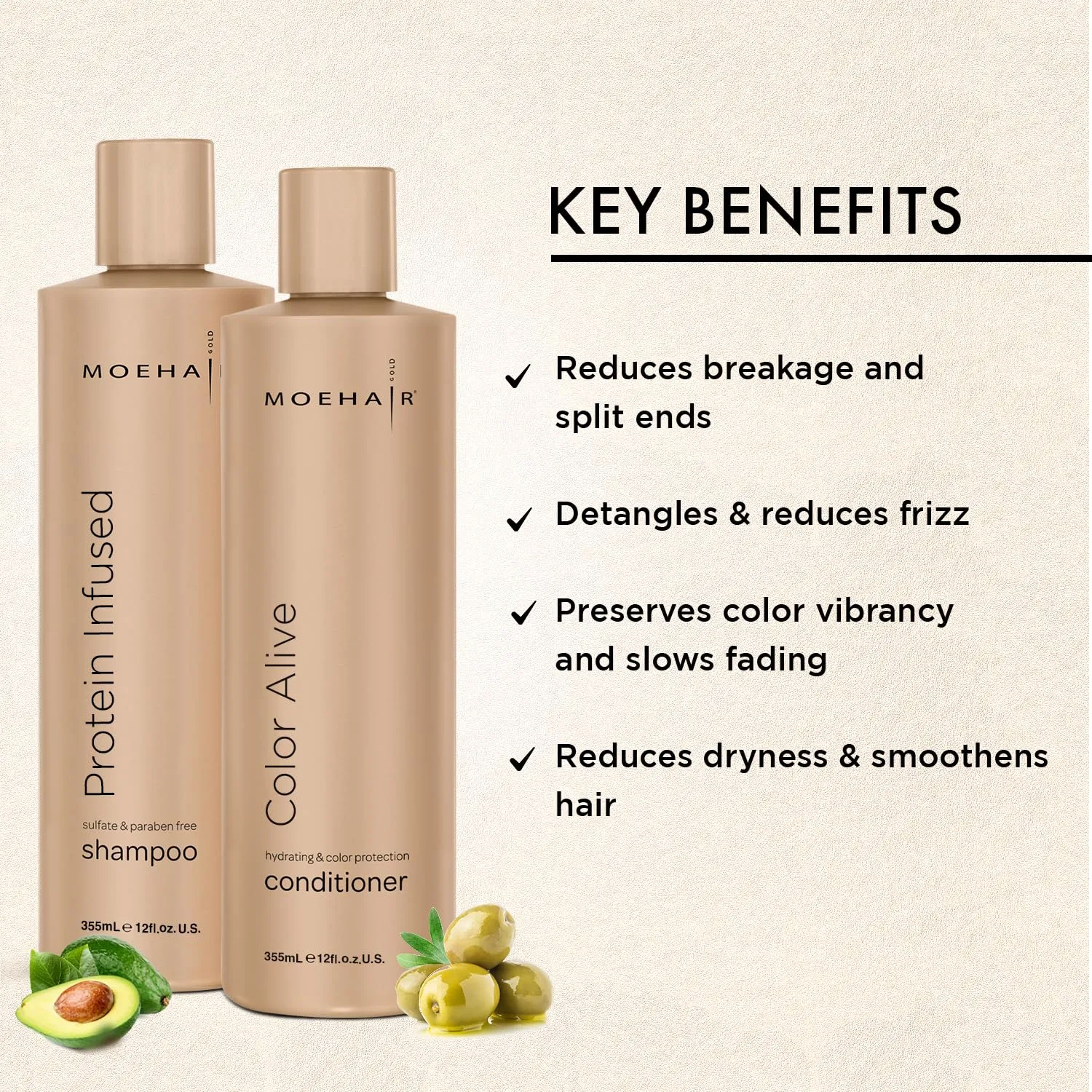 Moehair Combo Pack Of Protein Shampoo (12 Fl Oz) and Color Alive Conditioner (12 Fl Oz) | Color Treated Dry And Damaged Hair Repair Treatment | Color Protecting Formula | Sulfate and Paraben free