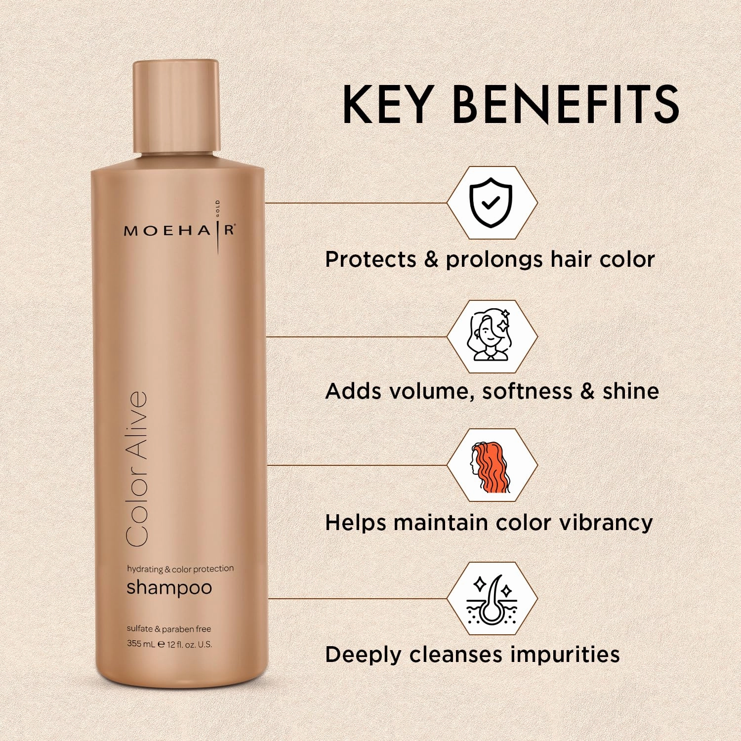 MOEHAIR Color Alive Shampoo, 12 Fl. Oz | Shampoo for Color-Treated Hair | Moisturizing & Hydrating Shampoo | Rich in Safflower & Castor Oil | Controls Frizz | Paraben & Sulfate Free