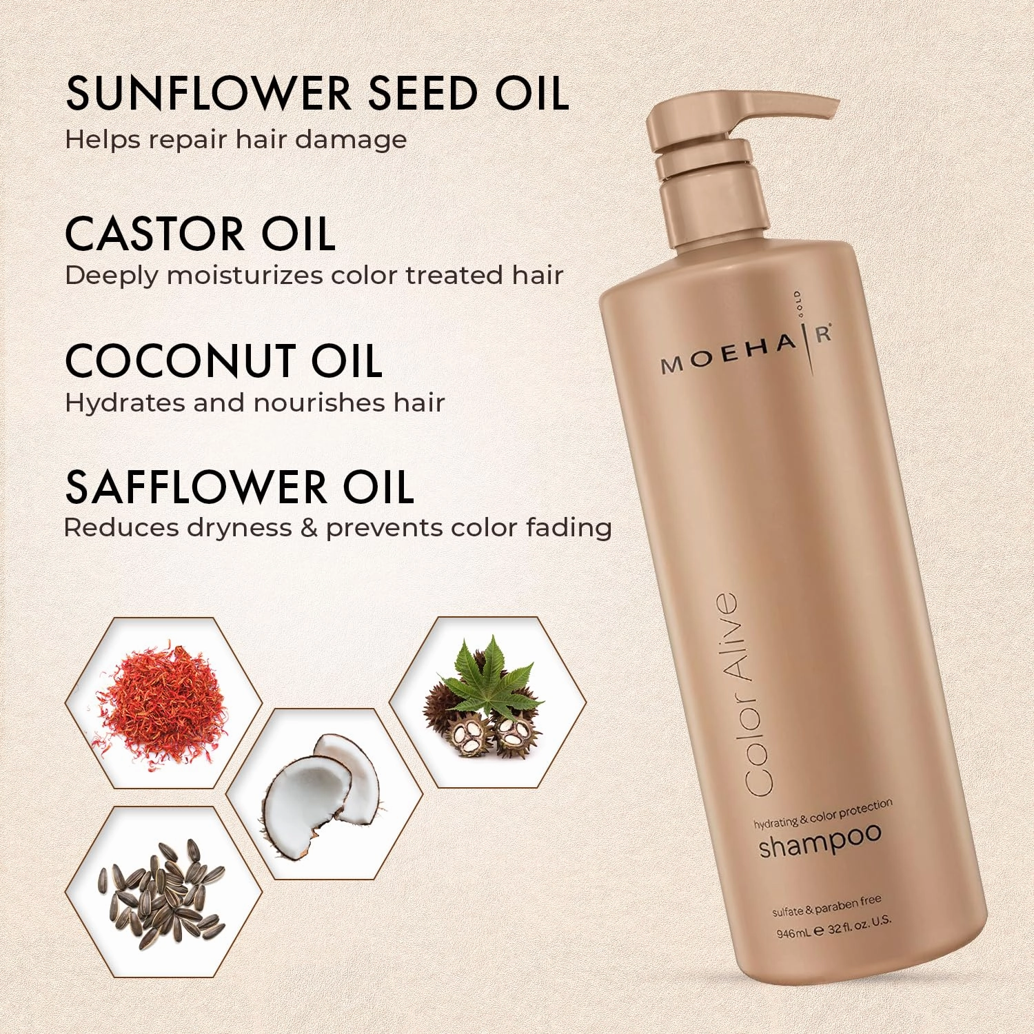 MOEHAIR Color Alive Shampoo | Moisturizing & Hydrating | For Color-Treated Hair | Paraben & Sulfate Free | Rich in Safflower & Castor Oil | Controls Frizz (32 Fl. Oz)