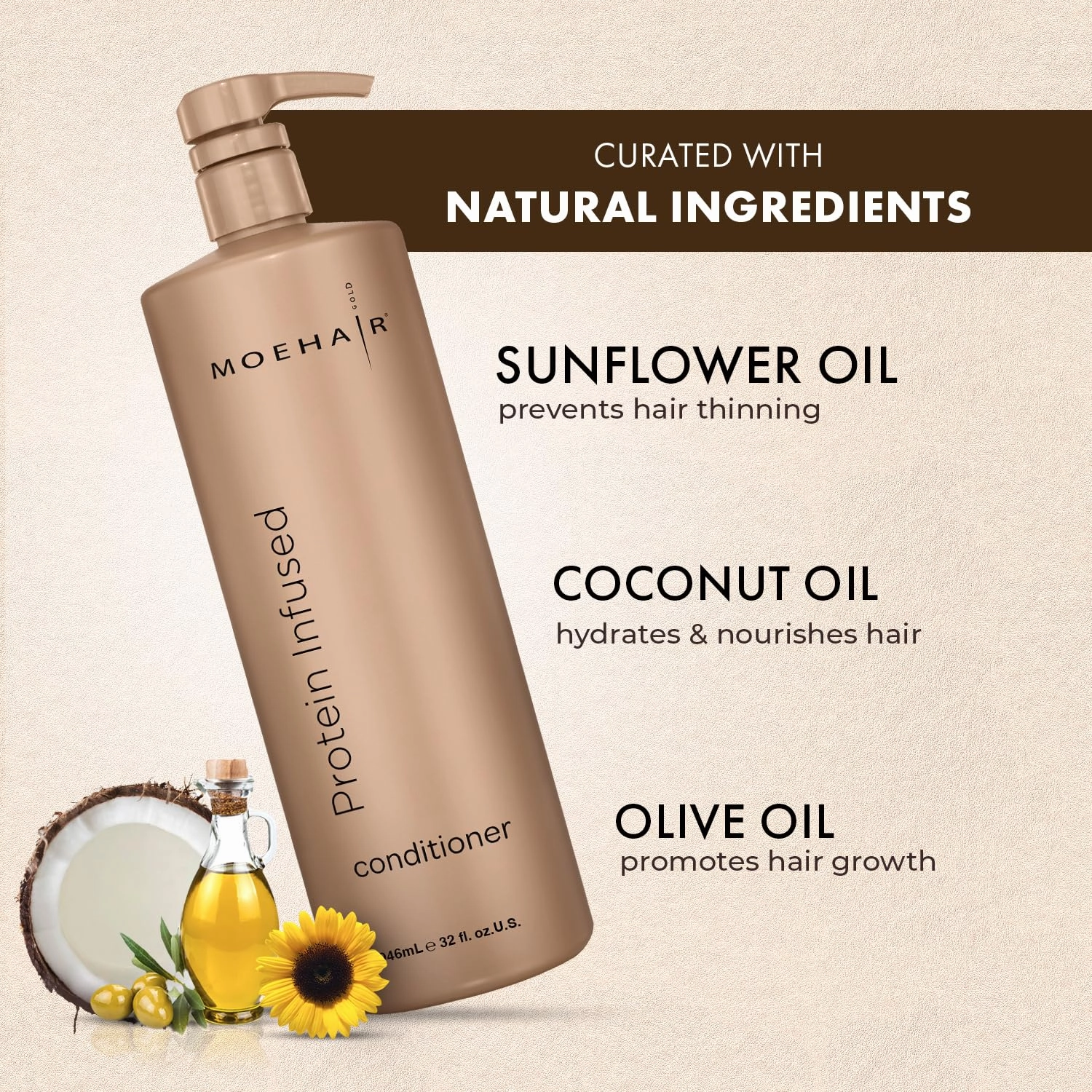 MOEHAIR Protein Infused Hair Conditioner (32 Fl oz) for Chemically Treated, Damaged Dry Hair | Smoothens Split Ends | Adds Shine and Luster