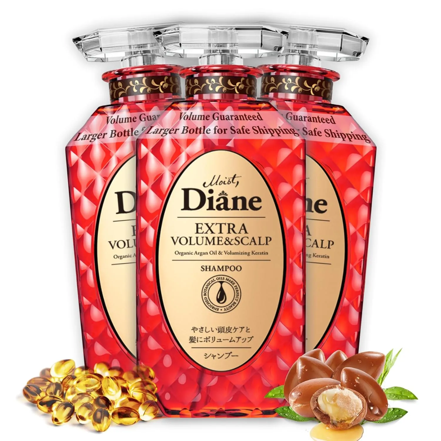 Moist Diane Hair Fall Shampoo for Fine Hair & Itchy Scalp, Natural Keratin Shampoo for Women & Men by Argan Oil & Plum Oil from Japan, Silicone & Sulfate Free, EXTRA VOLUME & SCALP, 15.2 Fl Oz, 3EA