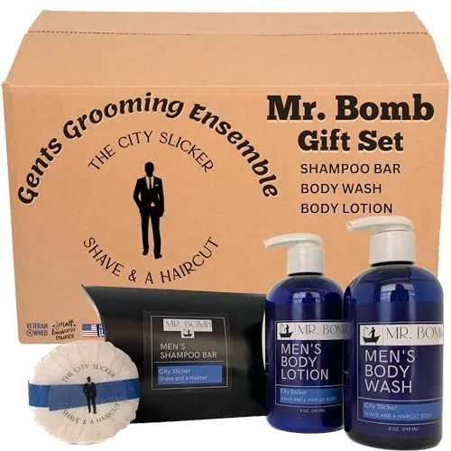 Mr. Bomb Gift Set - The City Slicker Masculine Shave and a Haircut Scent - Moisturizing Shampoo Bar, Castile Soap for Face and Body & Aloe Vera Lotion for Men (City Slicker Gift Box - 3 Pack)