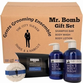 Mr. Bomb Self Care Men's Set - The City Slicker Masculine Shave and a Haircut Scent - Moisturizing Shampoo Bar, Castile Soap for Face and Body & Aloe Vera Lotion for Men