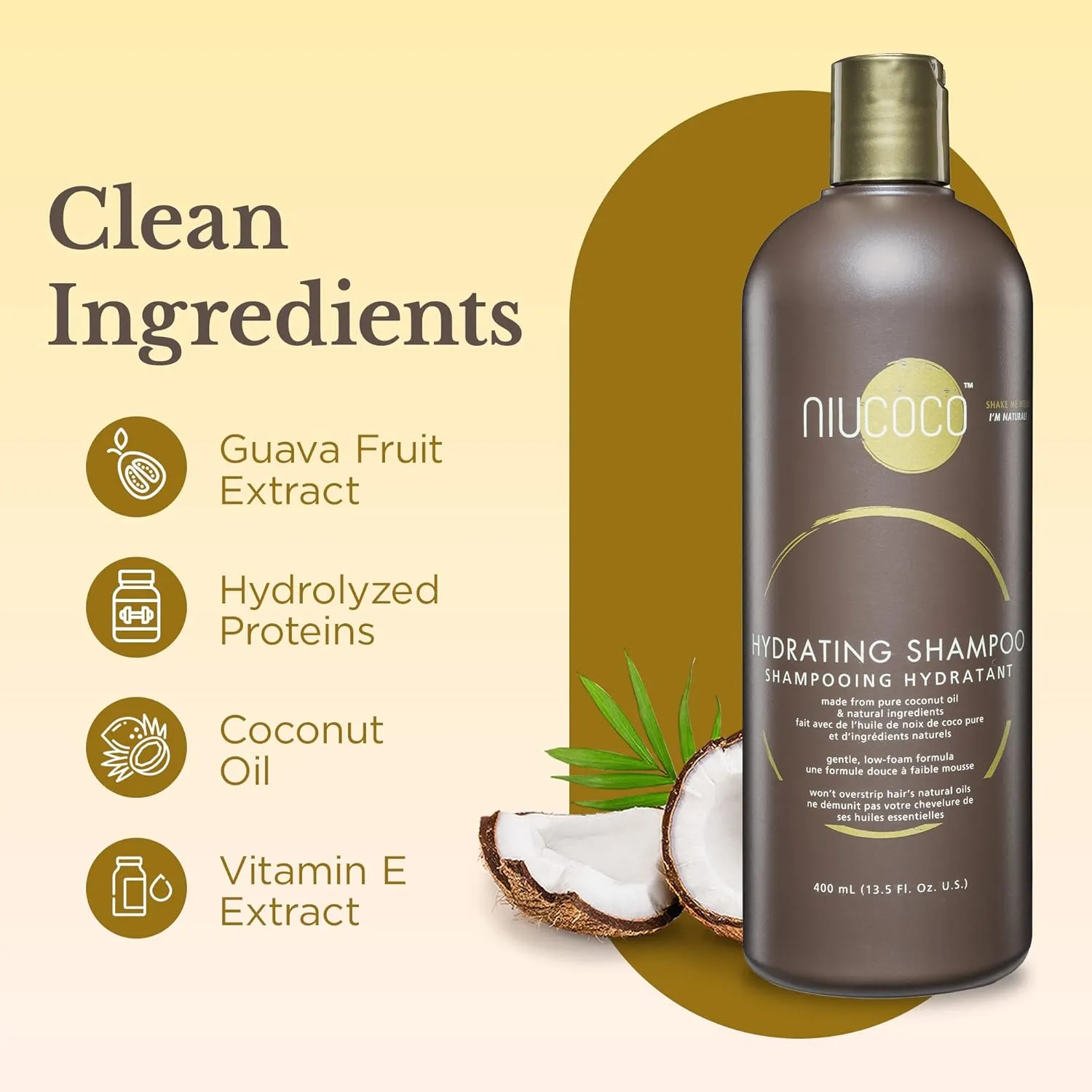 Natural Coconut Oil Hydrating Shampoo (400ml) | Chemical Free Moisturizing Dandruff Formula for Dry, Damaged, Hair & Scalp | Safe on Color Treated Hair | Professional Salon Quality