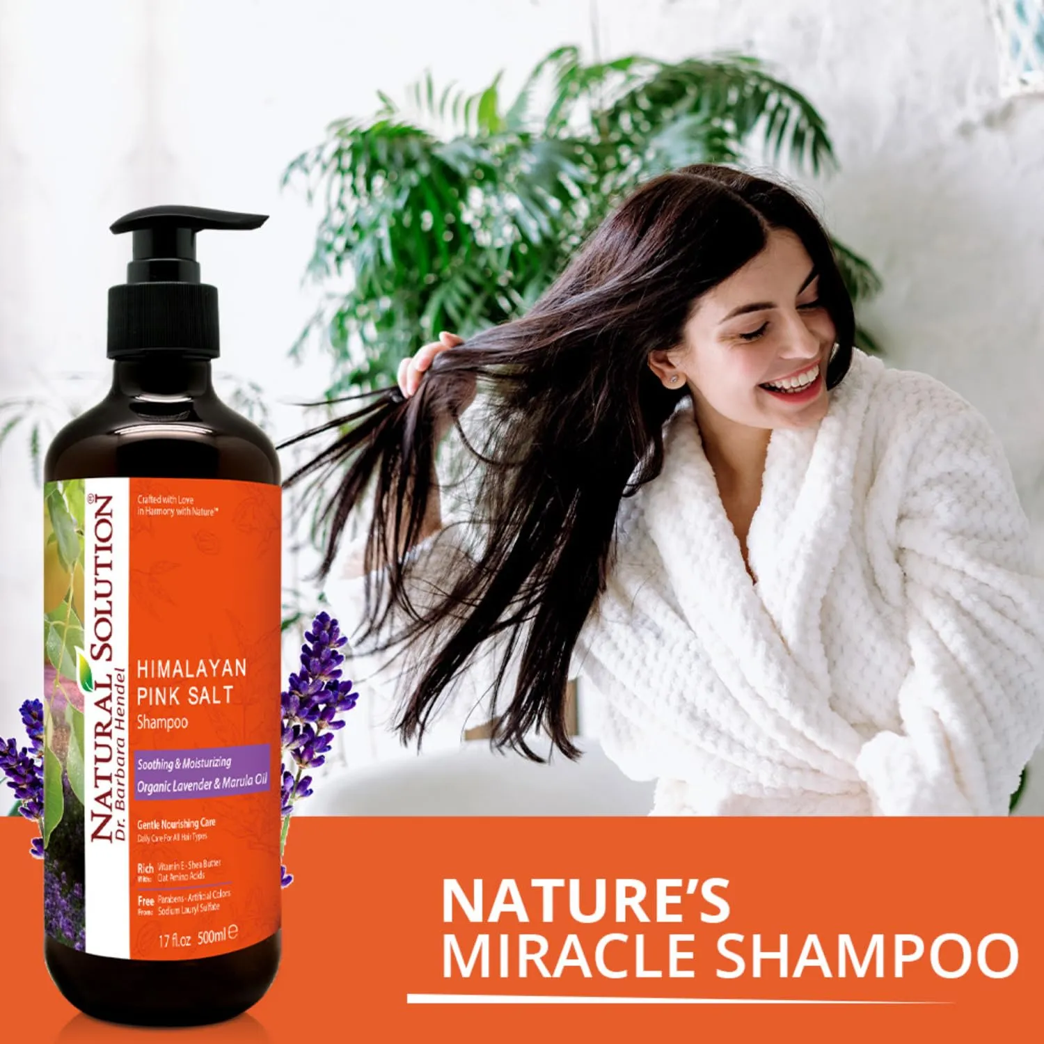 Natural Solution Shampoo with Organic Lavender & Marula Oil, Infused with Himalayan Pink Salt – Soothing, Moisturizing Daily Care for All Hair Types, 17 fl oz